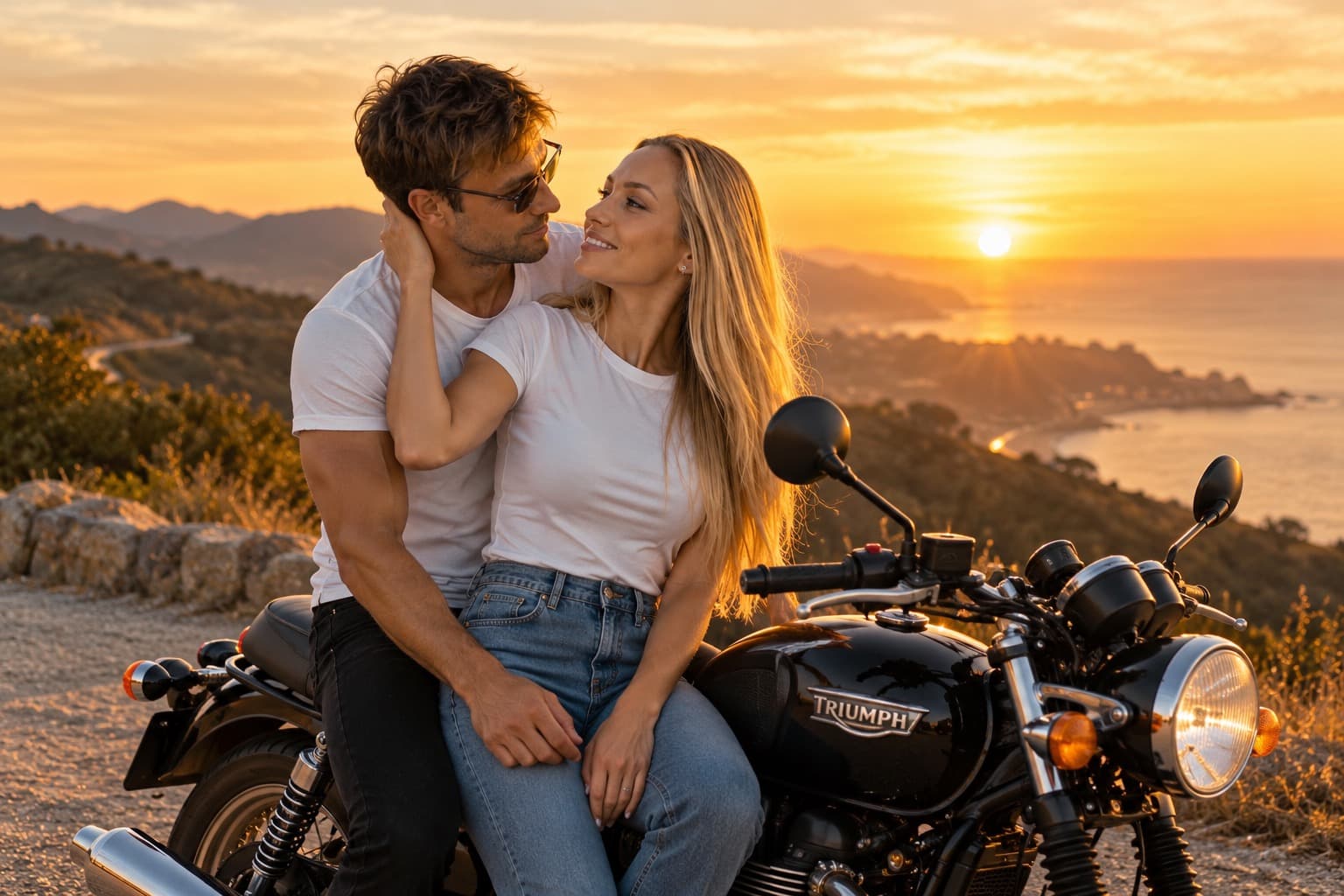 Una pareja romántica con una motocicleta clásica durante la hora dorada